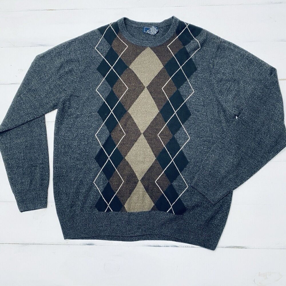 Dockers Mens Argyle Sweater Sz Large Brown Gray Long Sleeves Pullover Crew Neck